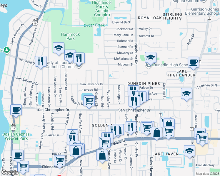 map of restaurants, bars, coffee shops, grocery stores, and more near 1550 Patricia Avenue in Dunedin