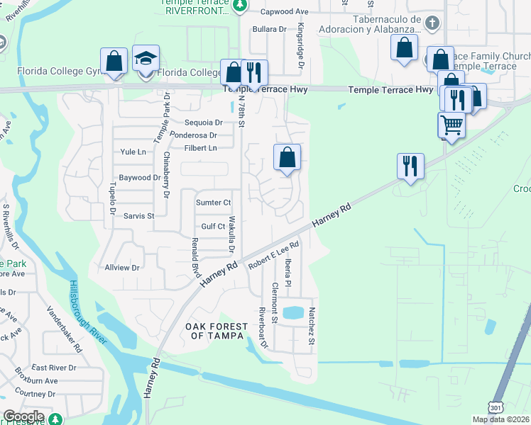 map of restaurants, bars, coffee shops, grocery stores, and more near 8811 North 78th Street in Temple Terrace