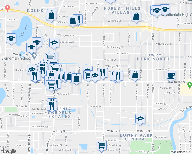 map of restaurants, bars, coffee shops, grocery stores, and more near 8404 North Packwood Avenue in Tampa