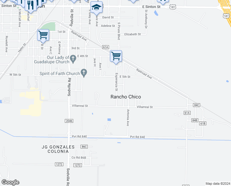 map of restaurants, bars, coffee shops, grocery stores, and more near 1104 Esperanza Street in Sinton