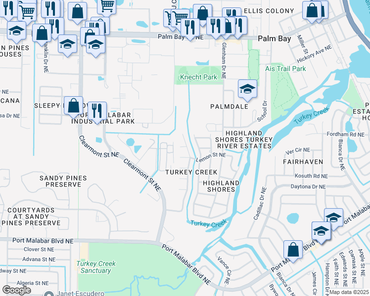 map of restaurants, bars, coffee shops, grocery stores, and more near 1124 Mandarin Drive Northeast in Palm Bay