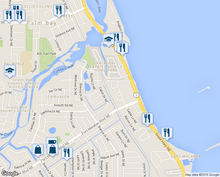 map of restaurants, bars, coffee shops, grocery stores, and more near 1166 Jordan Court Northeast in Palm Bay