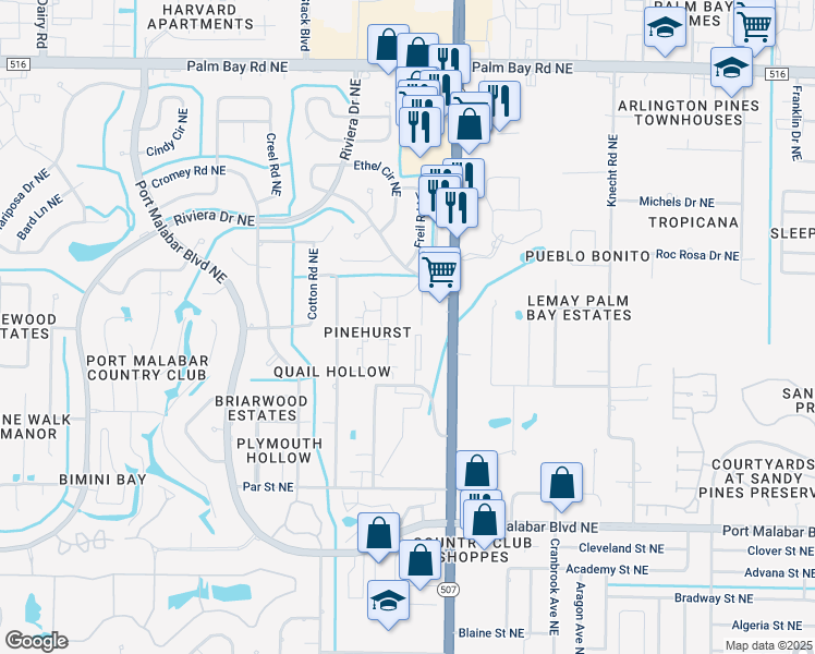 map of restaurants, bars, coffee shops, grocery stores, and more near 2100 Forest Knoll Drive Northeast in Palm Bay