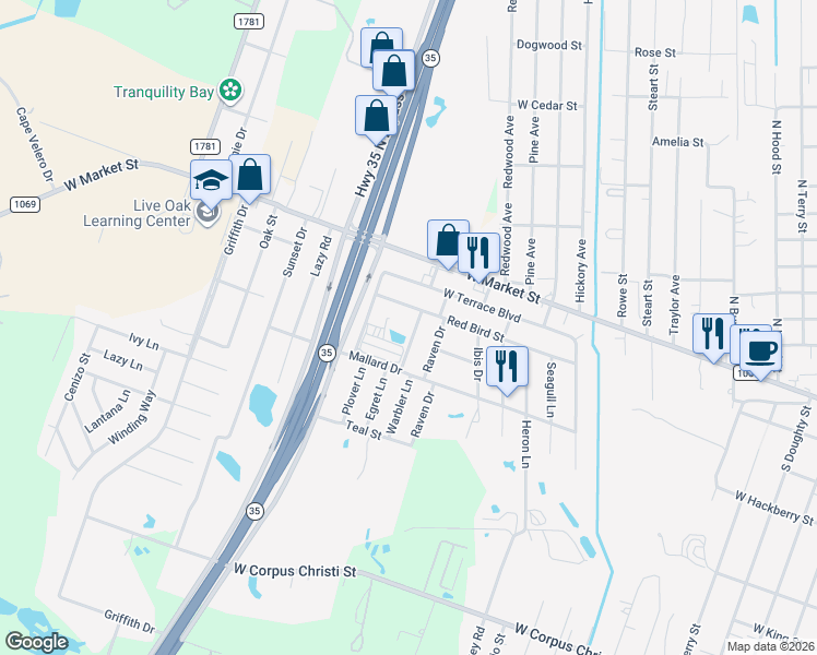 map of restaurants, bars, coffee shops, grocery stores, and more near 812 Warbler Lane in Rockport
