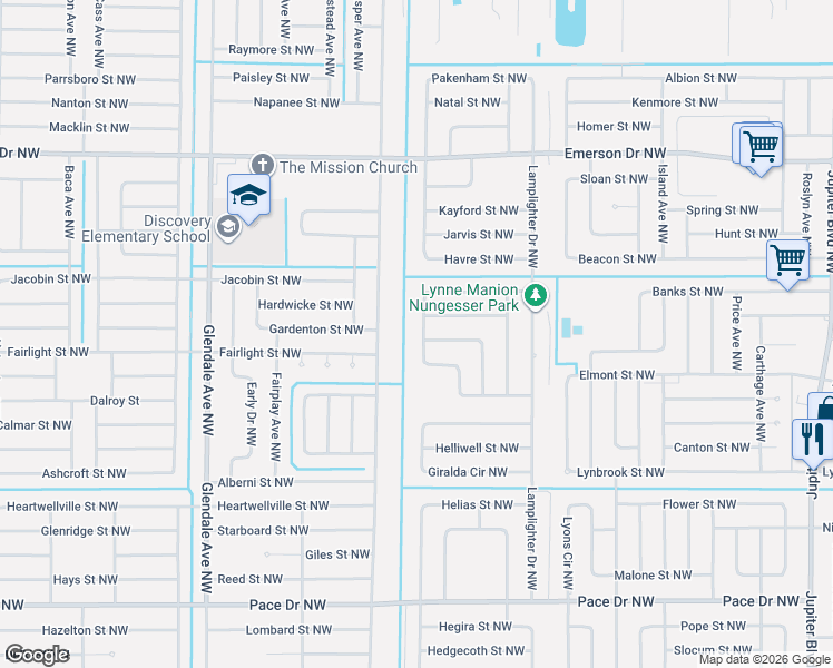 map of restaurants, bars, coffee shops, grocery stores, and more near 1136 Glancy Ave NW in Palm Bay