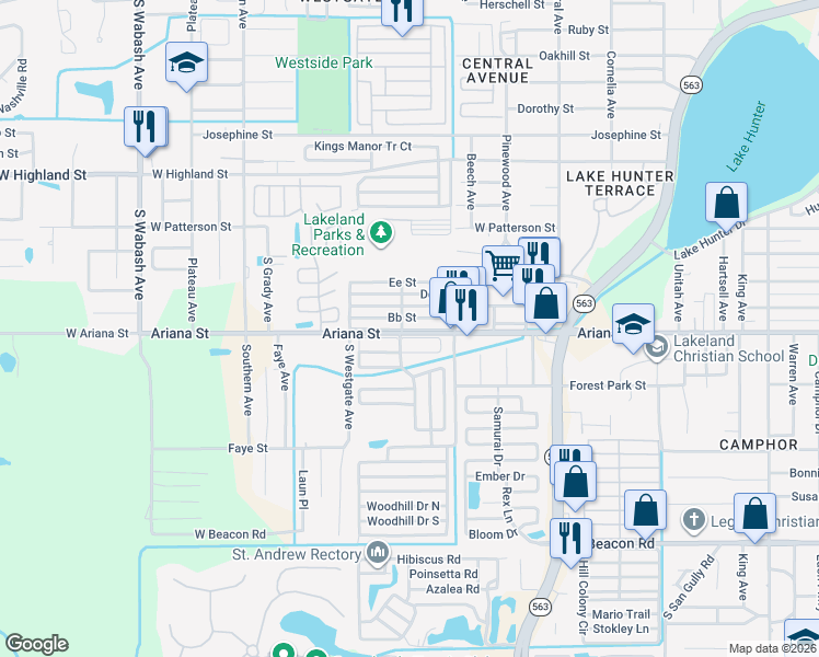 map of restaurants, bars, coffee shops, grocery stores, and more near 15 Aa Street in Lakeland