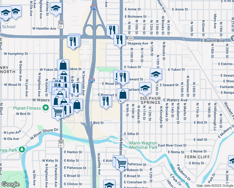 map of restaurants, bars, coffee shops, grocery stores, and more near 8411 North Mitchell Avenue in Tampa