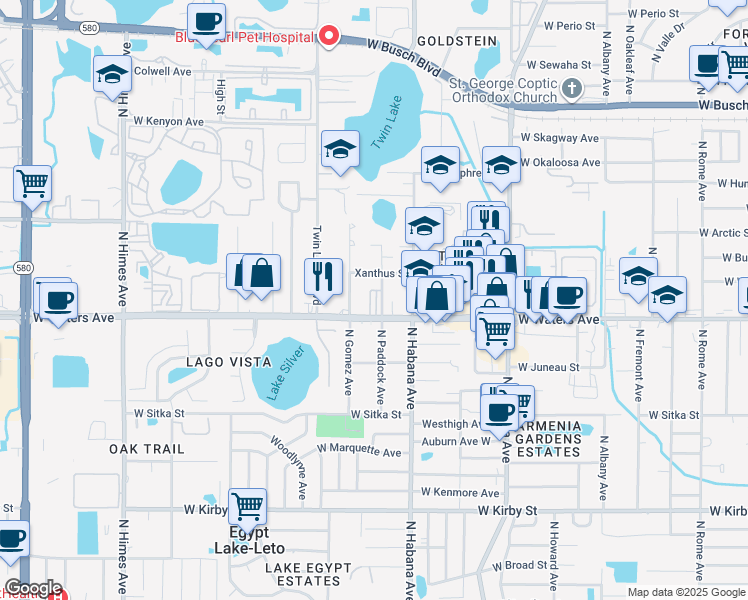 map of restaurants, bars, coffee shops, grocery stores, and more near 8407 North Paddock Avenue in Tampa