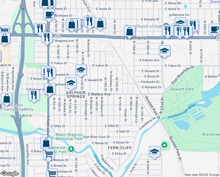 map of restaurants, bars, coffee shops, grocery stores, and more near 8410 North 16th Street in Tampa
