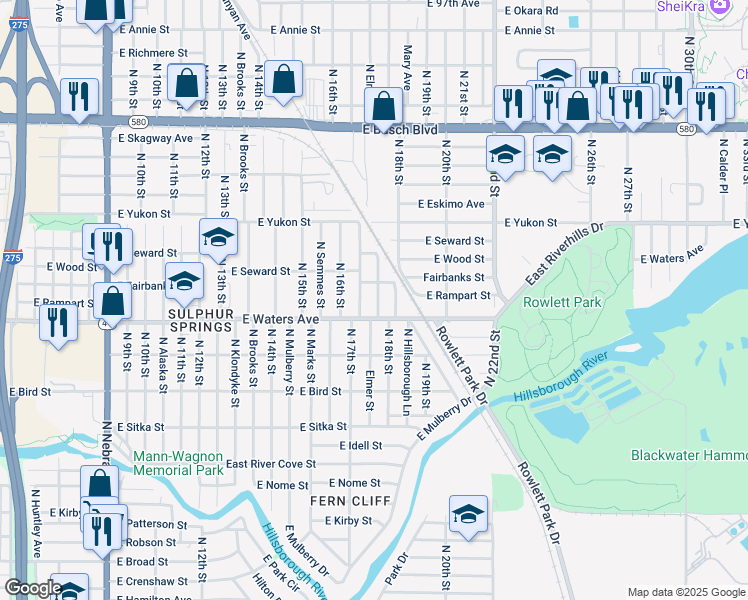 map of restaurants, bars, coffee shops, grocery stores, and more near 8410 North Elmer Street in Tampa