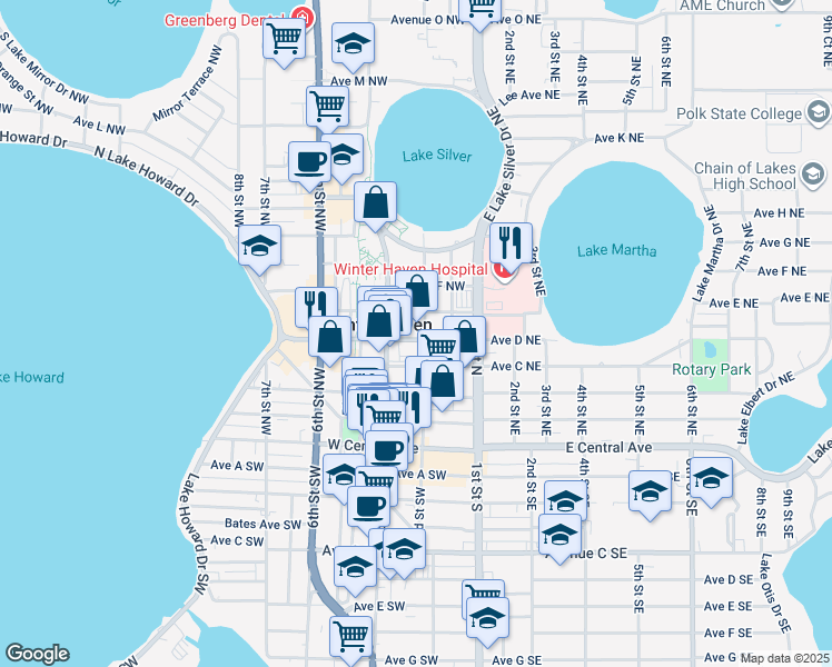map of restaurants, bars, coffee shops, grocery stores, and more near 225 Avenue D Northwest in Winter Haven