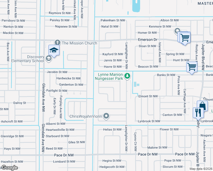 map of restaurants, bars, coffee shops, grocery stores, and more near 1349 Helvenston Street Northwest in Palm Bay