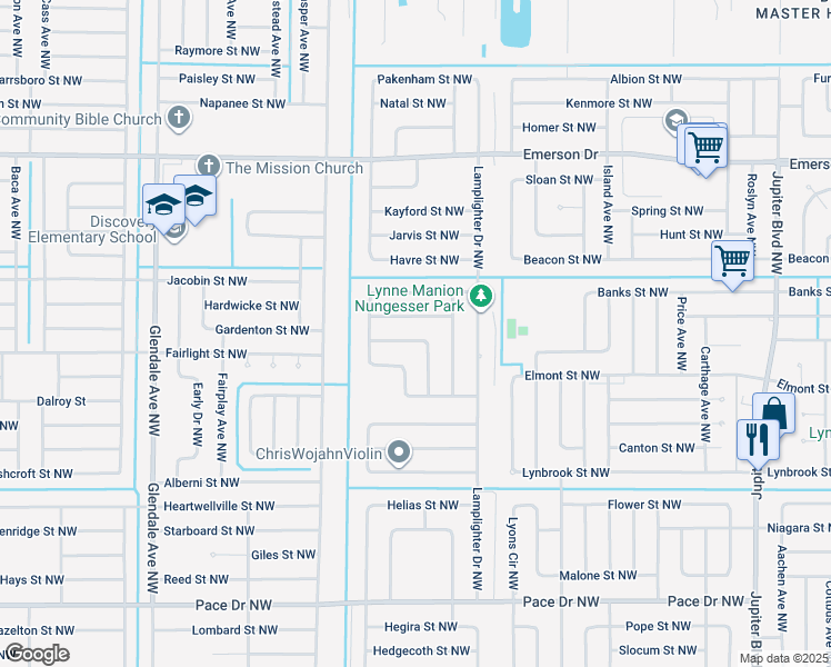 map of restaurants, bars, coffee shops, grocery stores, and more near 1349 Helvenston Street Northwest in Palm Bay
