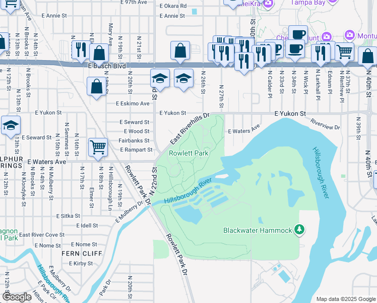map of restaurants, bars, coffee shops, grocery stores, and more near 2401 East Yukon Street in Tampa