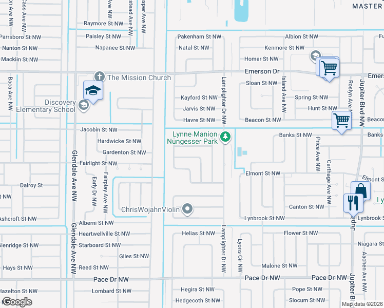 map of restaurants, bars, coffee shops, grocery stores, and more near 1349 Helvenston Street Northwest in Palm Bay