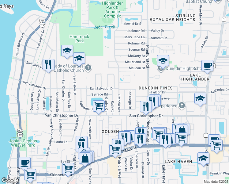 map of restaurants, bars, coffee shops, grocery stores, and more near 1550 Patricia Avenue in Dunedin