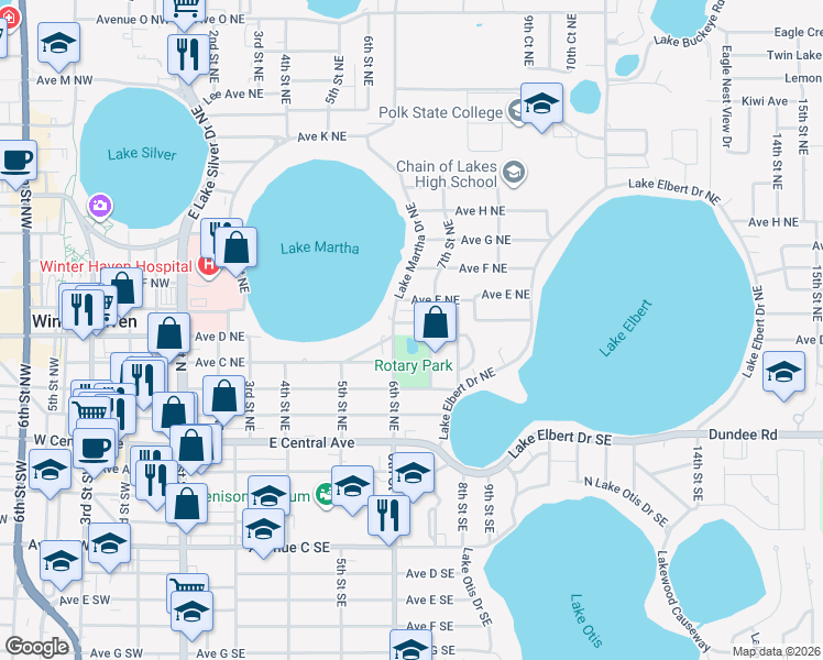 map of restaurants, bars, coffee shops, grocery stores, and more near 612 Avenue D Northeast in Winter Haven