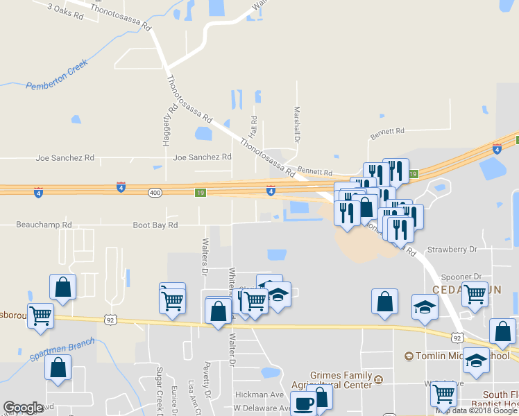 map of restaurants, bars, coffee shops, grocery stores, and more near 1308 Bonnie Road in Plant City
