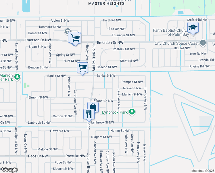 map of restaurants, bars, coffee shops, grocery stores, and more near 825 Norden Street Northwest in Palm Bay