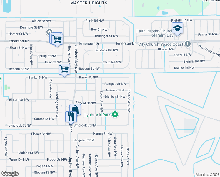 map of restaurants, bars, coffee shops, grocery stores, and more near 741 Norse Street Northwest in Palm Bay