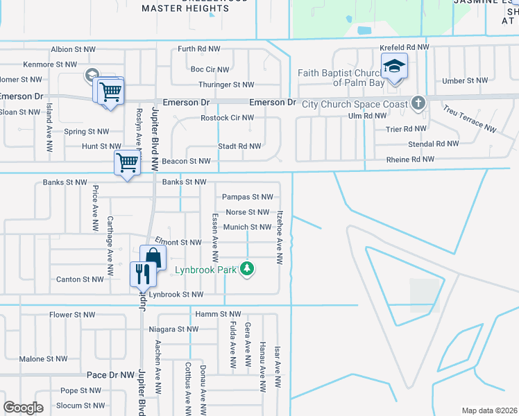 map of restaurants, bars, coffee shops, grocery stores, and more near 659 Norse Street Northwest in Palm Bay