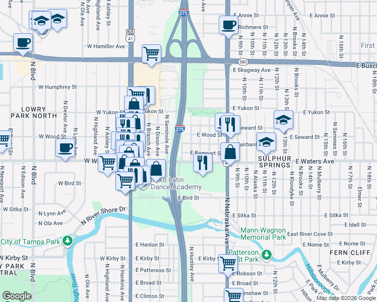 map of restaurants, bars, coffee shops, grocery stores, and more near 8411 North Lamar Avenue in Tampa