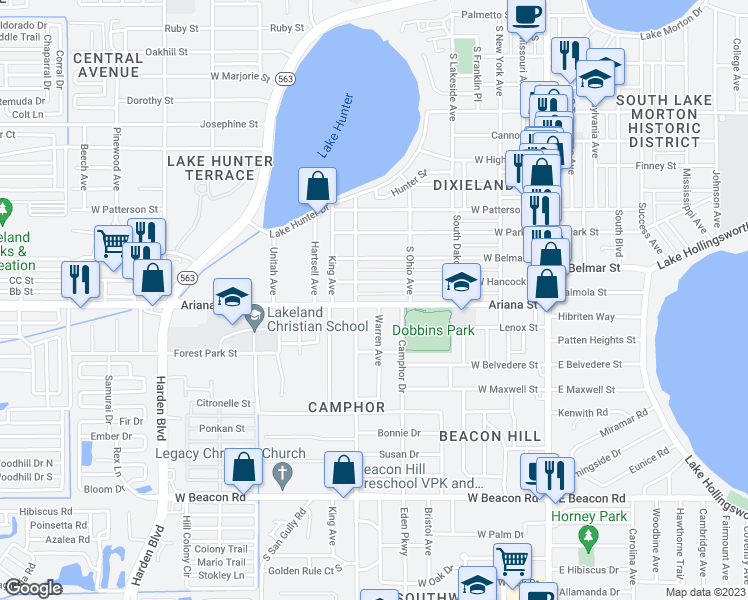 map of restaurants, bars, coffee shops, grocery stores, and more near 707 Ariana Street in Lakeland