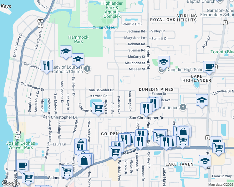 map of restaurants, bars, coffee shops, grocery stores, and more near 1550 Patricia Avenue in Dunedin