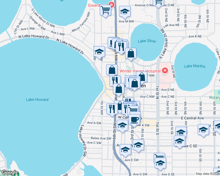 map of restaurants, bars, coffee shops, grocery stores, and more near 400 Avenue D Southeast in Winter Haven