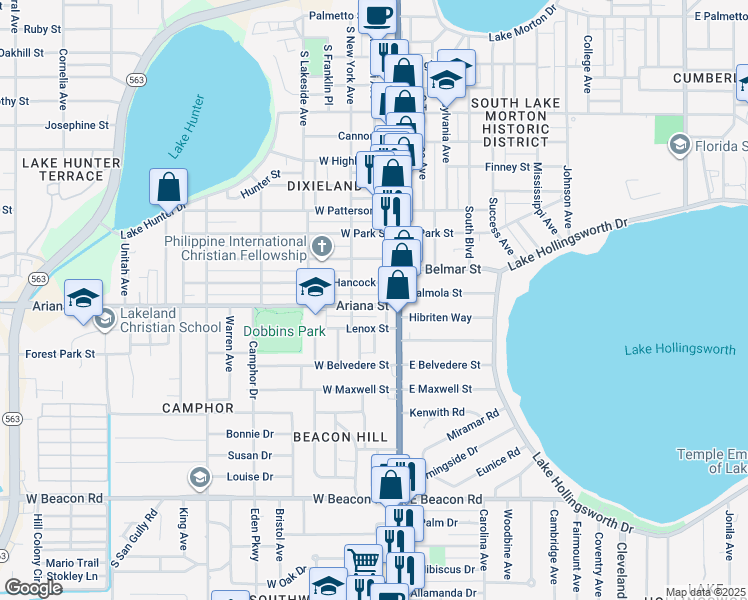 map of restaurants, bars, coffee shops, grocery stores, and more near 207 Ariana Street in Lakeland