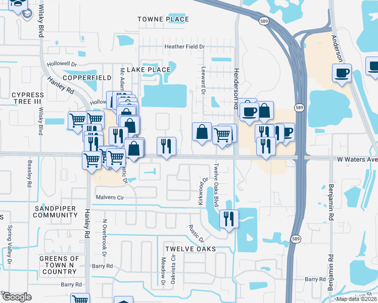 map of restaurants, bars, coffee shops, grocery stores, and more near 8404 Sandy Beach Street in Tampa