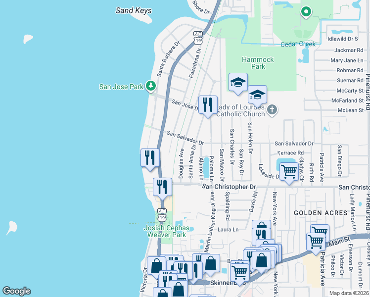 map of restaurants, bars, coffee shops, grocery stores, and more near 1546 Douglas Avenue in Dunedin