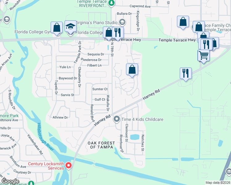 map of restaurants, bars, coffee shops, grocery stores, and more near 8811 North 78th Street in Temple Terrace