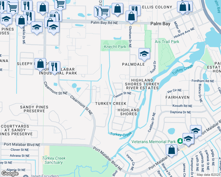map of restaurants, bars, coffee shops, grocery stores, and more near 1125 Mandarin Drive Northeast in Palm Bay
