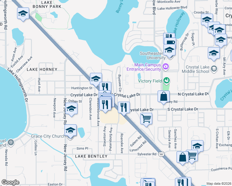 map of restaurants, bars, coffee shops, grocery stores, and more near 67 Bonisee Circle in Lakeland