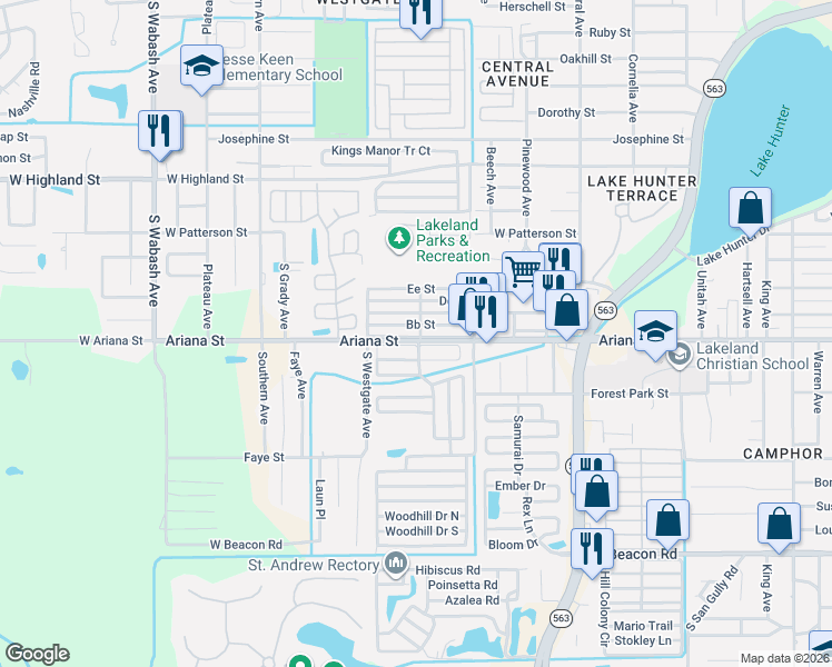 map of restaurants, bars, coffee shops, grocery stores, and more near 15 Aa Street in Lakeland