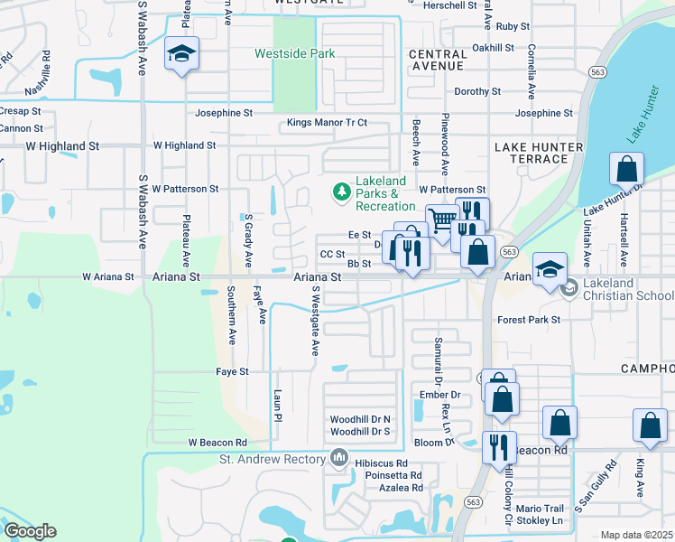 map of restaurants, bars, coffee shops, grocery stores, and more near 45 Aa Street in Lakeland