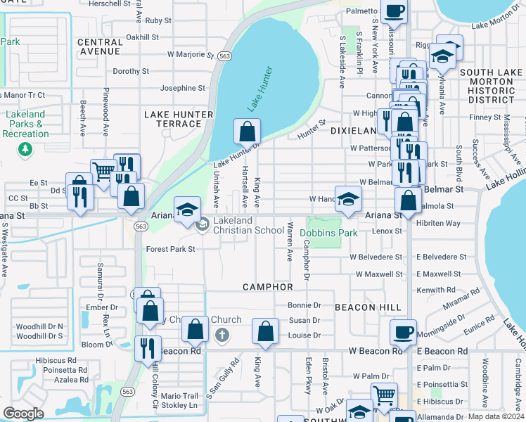 map of restaurants, bars, coffee shops, grocery stores, and more near 819 Ariana Street in Lakeland