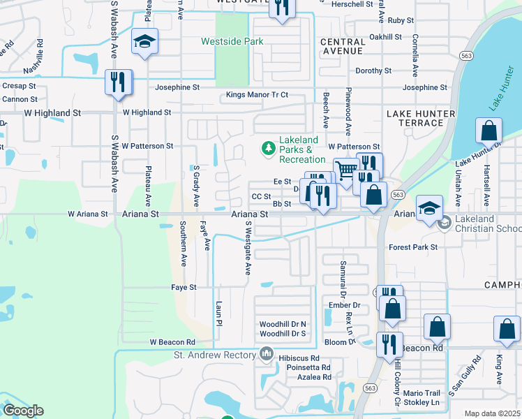map of restaurants, bars, coffee shops, grocery stores, and more near 45 Aa Street in Lakeland