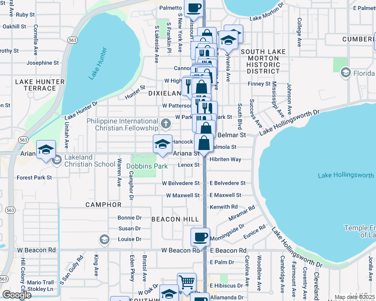 map of restaurants, bars, coffee shops, grocery stores, and more near 207 Ariana Street in Lakeland