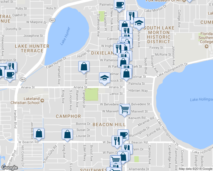 map of restaurants, bars, coffee shops, grocery stores, and more near 319 Ariana Street in Lakeland