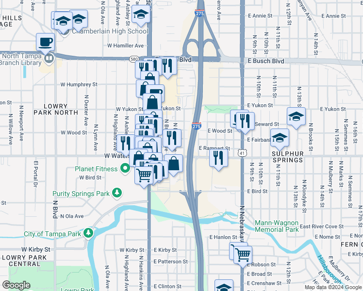 map of restaurants, bars, coffee shops, grocery stores, and more near 8412 North Seminole Avenue in Tampa