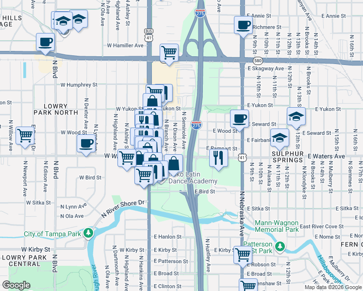 map of restaurants, bars, coffee shops, grocery stores, and more near 8412 North Seminole Avenue in Tampa