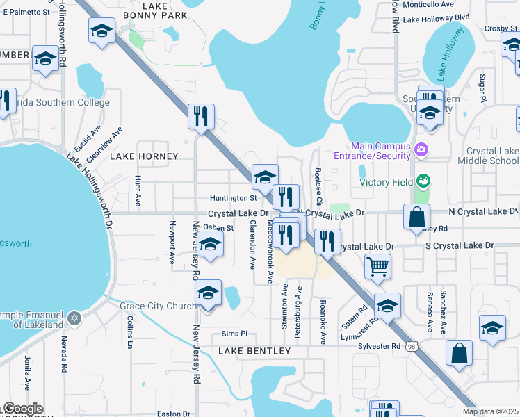 map of restaurants, bars, coffee shops, grocery stores, and more near 1746 Crystal Lake Drive in Lakeland