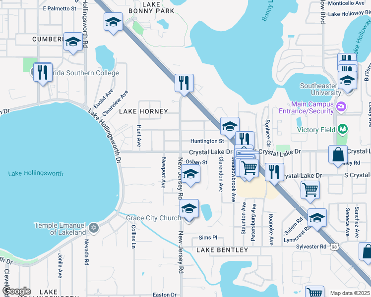 map of restaurants, bars, coffee shops, grocery stores, and more near 1612 Crystal Lake Drive in Lakeland