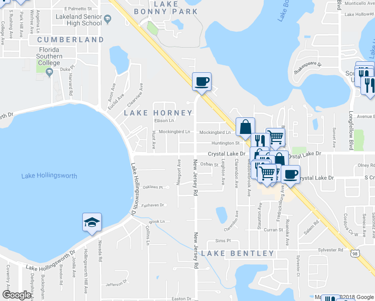 map of restaurants, bars, coffee shops, grocery stores, and more near 1532 Crystal Lake Drive in Lakeland
