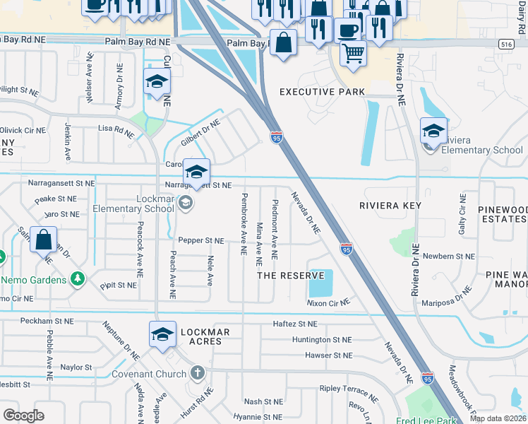 map of restaurants, bars, coffee shops, grocery stores, and more near 1080 Piedmont Avenue Northeast in Palm Bay