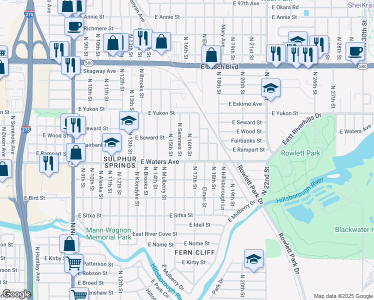 map of restaurants, bars, coffee shops, grocery stores, and more near 8412 North 16th Street in Tampa