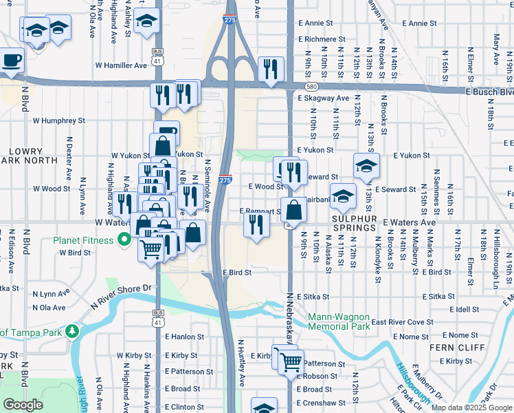 map of restaurants, bars, coffee shops, grocery stores, and more near 8411 North Taliaferro Avenue in Tampa