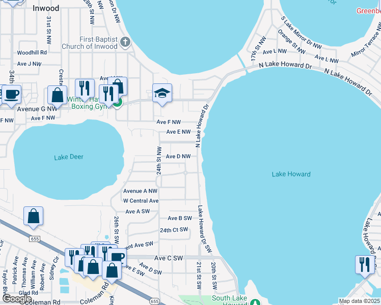 map of restaurants, bars, coffee shops, grocery stores, and more near 1 North Lake Howard Drive in Winter Haven